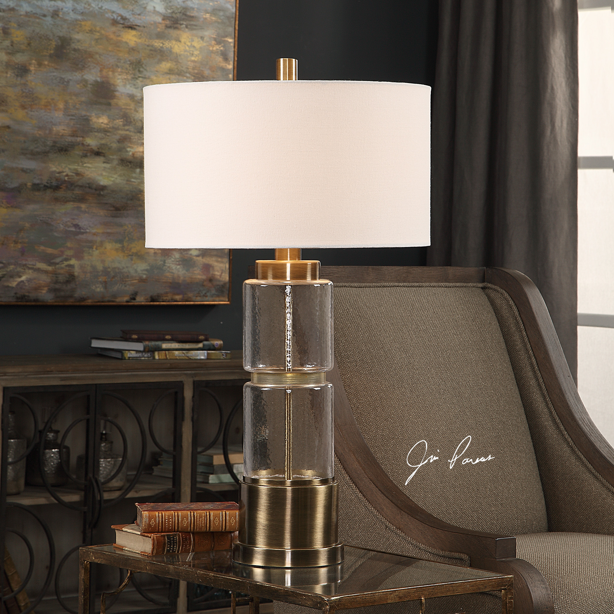 Mid Century Hammered Glass Cylinder Table Lamp | Brass ...